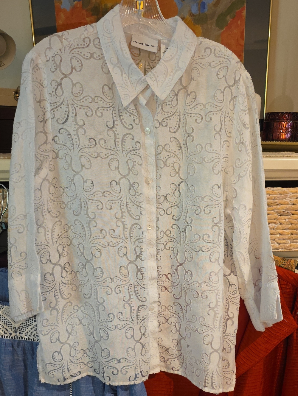 Alfred Dunner White Eyelet Button-Up Shirt Womens Sheer Embroidered Eyelet Sz 16